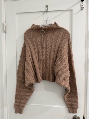 Fashion Nova tan high neck cable knit 1/4 zip cropped drop sleeve sweater (fair)